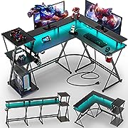 Photo 1 of SEVEN WARRIOR L Shaped Gaming Desk with LED Lights & Power Outlets, 50” Reversible Computer Desk with Storage Shelf & Monitor Stand, Corner Desk with Cup Holder, with Headphone Hook, Black
