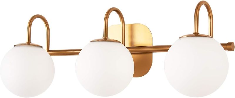 Photo 1 of ZHUOER Modern Bathroom Vanity Light Fixtures 3 Lights Brushed Brass Frame and Milk White Glass Globe Shade Modern Wall Sconce Lighting Bath Vanity Lights Bar Over Mirror (Exclude G9 Bulb) Brushed Brass 3 lights