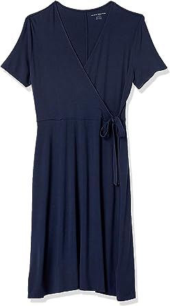 Photo 1 of Amazon Essentials Women's Cap-Sleeve Faux-Wrap Dress Rayon Blend Navy, Large