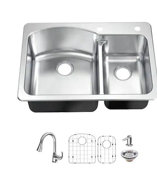 Photo 1 of All in-One 33 in. Drop-in/Undermount Double Bowl 18 Gauge Stainless Steel 2-Hole Kitchen Sink with Pull-Down Faucet
