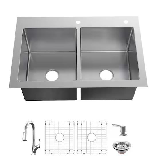 Photo 1 of AIO Dolancourt 33 in. Drop-in/Undermount Double Bowl 18 Gauge Stainless Steel Kitchen Sink with Pull-Down Faucet
