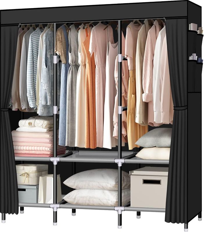 Photo 1 of LOKEME Portable Wardrobe, 61-Inch with 3 Hanging Rods and 6 Storage Shelves, Non-Woven Fabric, Stable and Easy Assembly Black Portable Closets for Hanging Clothes with Side Pockets
