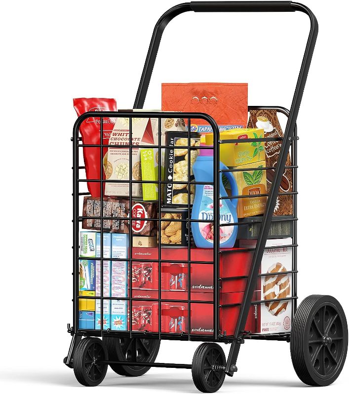 Photo 1 of Amada Shopping Cart for Groceries with 176LBS/91L Large Capacity, Heavy Duty Folding Utility Cart on Wheels for Groceries, Laundry, Pantry, Garage

