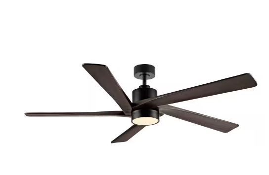 Photo 1 of 54 in. DC Indoor Ceiling Fan with Integrated LED and Remote Control, 5 Reversible Carved Wood Blades, BROWN 