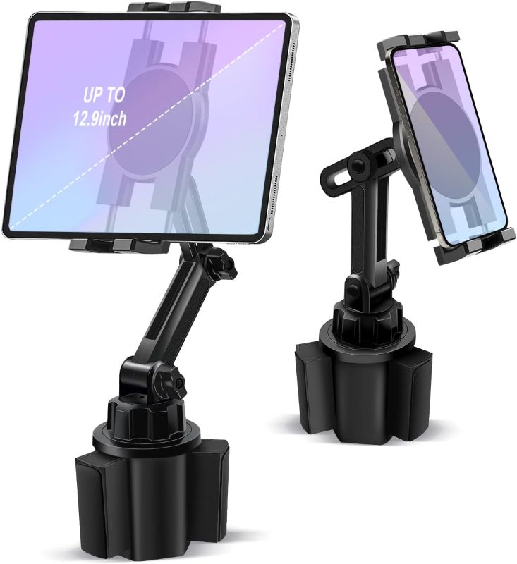 Photo 1 of Cup Holder Car Tablet Mount, 360° Adjustable 2-Arm Stand Holder for iPad Pro 12.9/11/10.5/9.7/Air/Mini 6/5/4, Samsung Galaxy Tab/Z Fold 4/3, Amazon Fire HD, iPhone 14/13/Pro, 4.7-12.9" Tab & Phone
