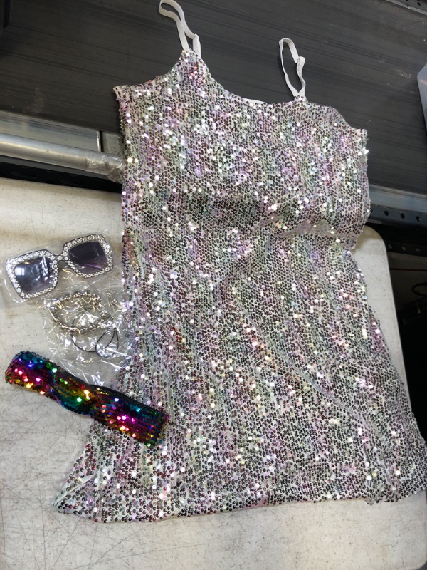 Photo 2 of 6 Pcs 70s Disco Costume Women Disco Costume Outfit, 70s Dance Dress Headband Disco Ball Earrings Necklace Bracelet Sunglasses (Shining Style,Large)
