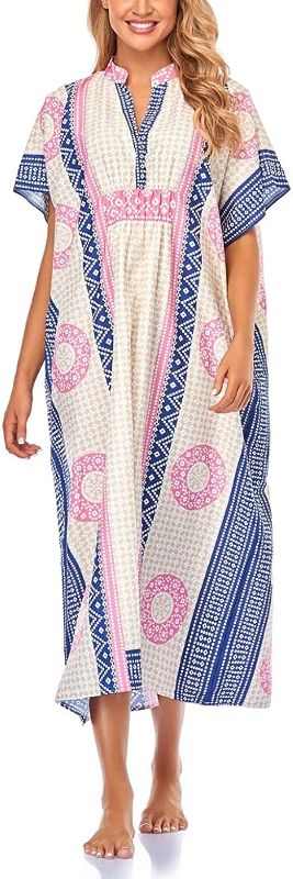 Photo 1 of Lishengping Women V-Neck Bikini Cover Up Ethnic Print Casual Dress Long Caftan Loungewear
