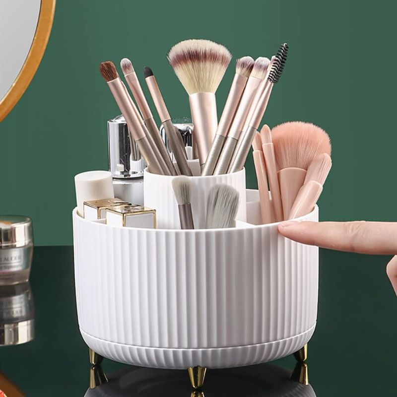 Photo 1 of Large Capacity Rotating Makeup Organizer 360 Degree Brush Organizer with 5 Slots Makeup Brush Holder for Vanity Decor Bathroom Countertops Cosmetic Display Cases (White)
