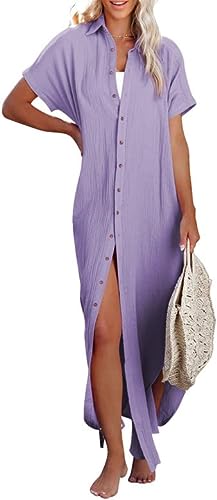 Photo 1 of Dokotoo Womens Casual Short Sleeve Side Split Button Down Long Kimonos Cardigans Swimsuit Cover Ups
