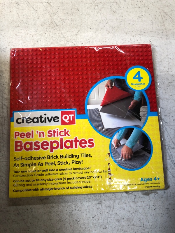 Photo 1 of Creative QT MakerBase, Red, 4 Pack, 10”x10” Peel-and-Stick Toy Building Blocks Stackable Baseplates, Bases for Play Tables, Walls, and More, Compatible with All Major Brick Brands 4 Pack Red