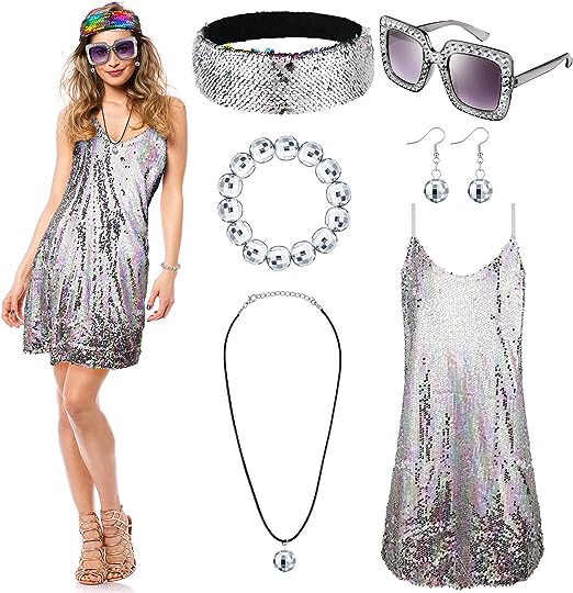 Photo 1 of 6 Pcs 70s Disco Costume Women Disco Costume Outfit, 70s Dance Dress Headband Disco Ball Earrings Necklace Bracelet Sunglasses (Shining Style,Large)