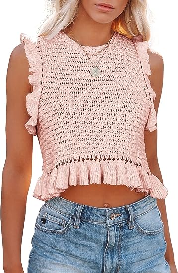 Photo 1 of  Women's Summer Knit Tank Tops Crew Neck Sleeveless Cami Shirts Tees Ruffle Sweater Vest s