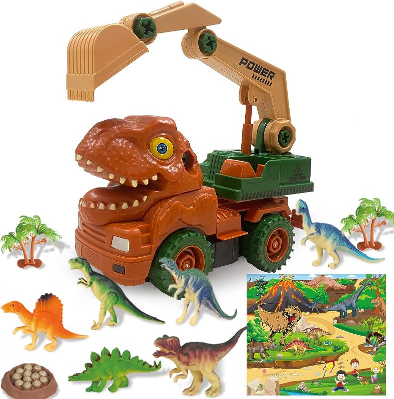 Photo 1 of 2 PACK ---- JUMEI Dinosaur Excavator Transport Truck Playset,Dinosaur Truck,Dinosaur Transport Car Carrier Truck with Dinosaur Toys,Dino Cars Set for 3 4 5 6 7 8 Year Old-Orange