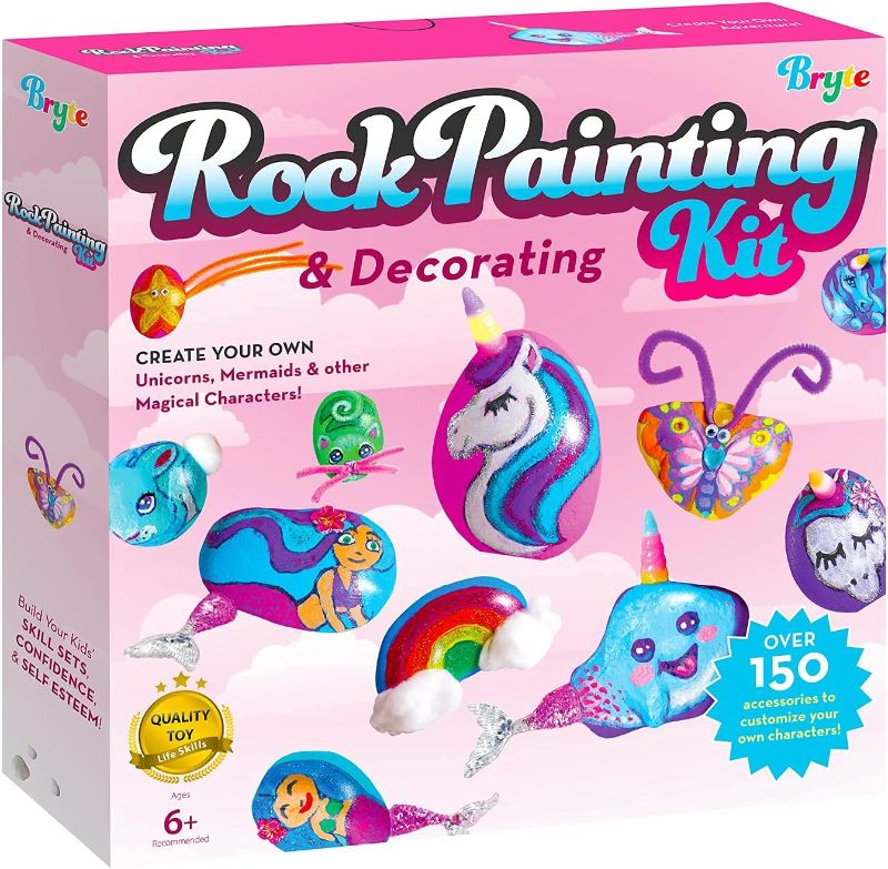 Photo 1 of BRYTE 150+ Piece Deluxe Edition All-Inclusive Kids Rock Painting Kit | 10 Rocks, 8 Waterproof Paints, Glitter Glue & More | DIY Science Kit, STEM Activities, Arts and Crafts for Kids Aged 6-12 Years
