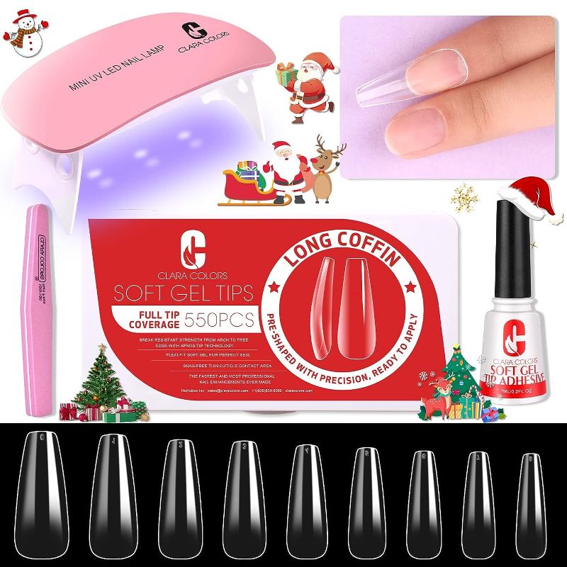 Photo 1 of Clara Colors Nail Tips and Glue Gel Kit,550pcs Full Cover Fake Nails and Nail Glue Kit with LED Nail Lamp,Long Coffin Artificial False Nails Soft Gel Nail Kit for Acrylic Nail-9 Size SEALED
