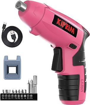 Photo 1 of Small Women Pink Electric Screwdriver,Kiprim ES5 Cordless Screwdriver Tool with Rechargeable Battery,LED Front Light & Power Display Light for Home DIY Pink
