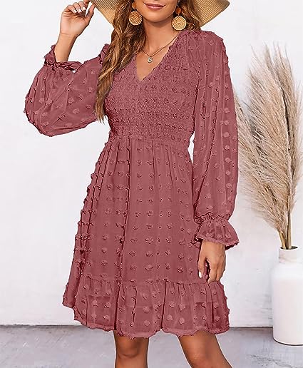 Photo 1 of BTFBM Women Long Sleeve V Neck Smocked Short Dress Flowy Casual SwissDot Ruffle Mini Babydoll Summer Fall Dresses 2023 SIZE L
