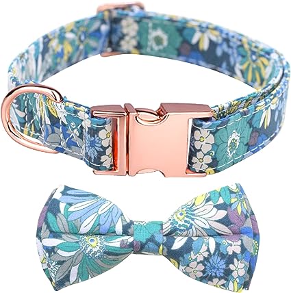 Photo 1 of 2 ---- Girls Dog Collar with Floral Bow Tie, Adjustable Cute Dog Collars with Metal Buckle for Small Medium Dogs, Green, XS