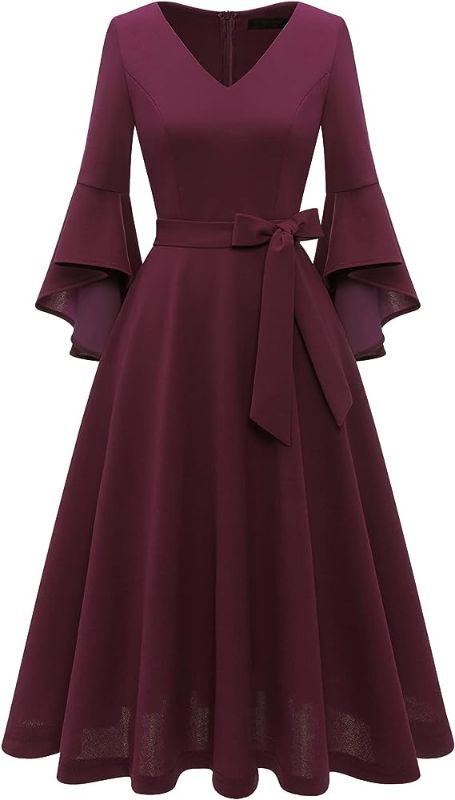 Photo 1 of Bridesmay Women's Vintage Cocktail Dress for Wedding Guest 3/4 Bell Sleeve V-Neck Tea Dress with Detachable Belt L