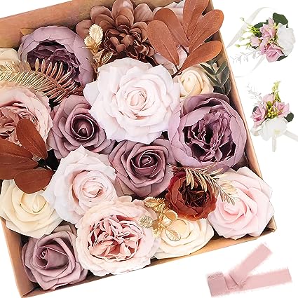 Photo 1 of  Artificial Flowers Dusty Wedding Fake Flowers Combo Box Set with Rose Wrist Corsage for DIY Bridal Bouquet Wedding Decoration Table Centerpieces Bridal Shower Home Decorations