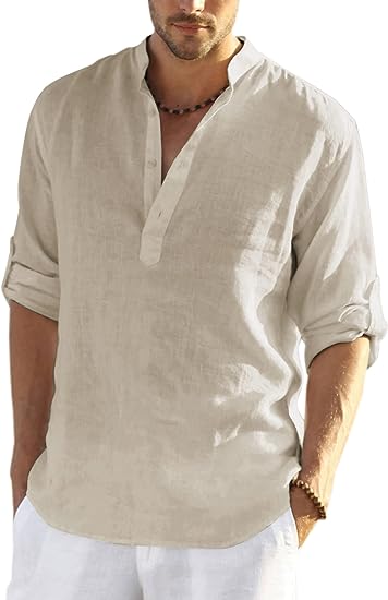 Photo 1 of COOFANDY Men's Cotton Linen Henley Shirt Long Sleeve Hippie Casual Beach T ShirtsL
