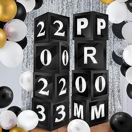 Photo 1 of 3 PACK --- 8 Pcs Prom Decorations Prom Column 12 Inches Balloons Boxes Set Senior Night Decorations Graduation Balloon Box Prom Decor for Indoor Outdoor Home Door Party Decorations (Black Silver)