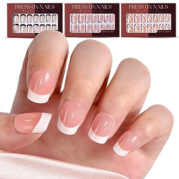 Photo 1 of 2 PACKS --- LitBear Press On Nails Short 72 Pcs in 12 Sizes, Glossy Fake Nails, False Nails with Glue for Women and Girls, Pink White Swirl