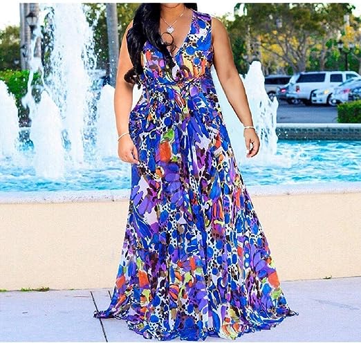 Photo 1 of lvenzse Womens Maxi Dress Boho Chiffon Floral Printed Long Party Dresses Plus Size with Belt  - SIZE M/L