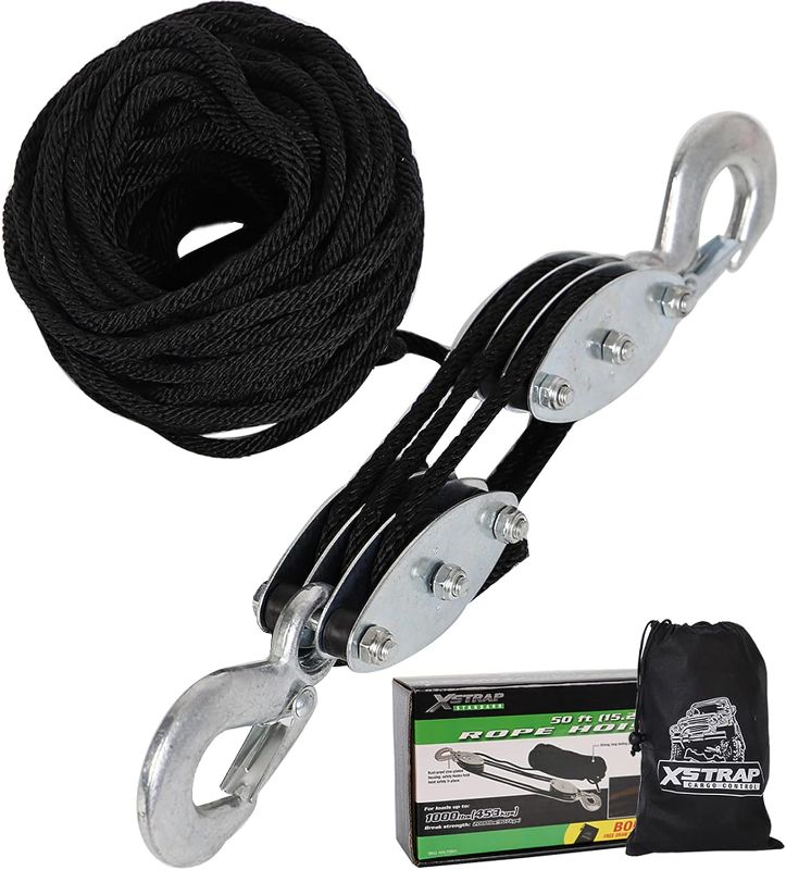 Photo 1 of XSTRAP STANDARD Heavy-Duty 2,000 LB Breaking Strength 50 FT Rope Hoist, 1000 LB Work Load Block and Tackle Pulley System for Lifting Heavy Objects (Black)
