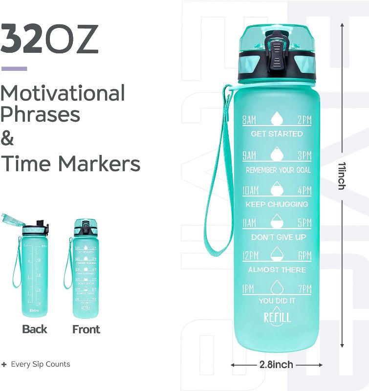 Photo 1 of 32oz Motivational Fitness Sports Water Bottle with Time Marker & Removable Strainer,Fast Flow,Flip Top Leakproof Durable BPA Free Non-Toxic