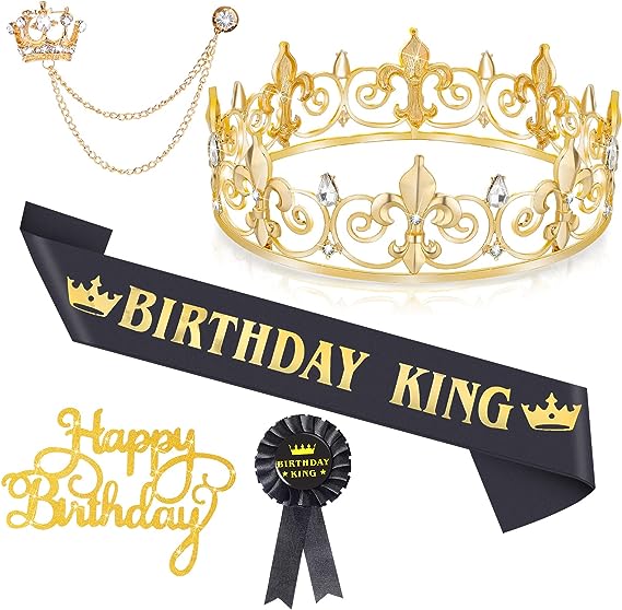 Photo 1 of 5 Pieces Birthday Accessories Include Man Birthday King Crown Birthday King Sash Tinplate Badge Pin Crown Brooch Hanging Chain Men Birthday Crown for Man Birthday Party
