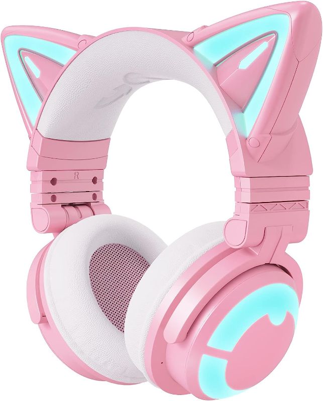 Photo 2 of YOWU RGB Cat Ear Headphone 3G Wireless 5.0 Foldable Gaming Pink Headset with 7.1 Surround Sound, Built-in Mic & Customizable Lighting and Effect via APP, Type-C Charging Audio Cable -Pink
