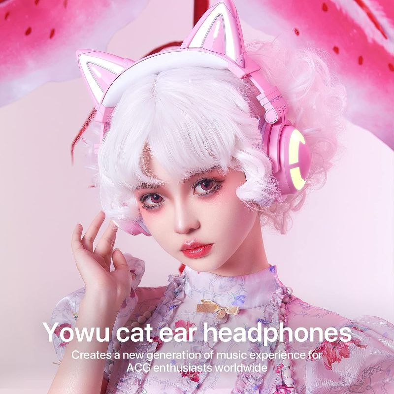 Photo 1 of YOWU RGB Cat Ear Headphone 3G Wireless 5.0 Foldable Gaming Pink Headset with 7.1 Surround Sound, Built-in Mic & Customizable Lighting and Effect via APP, Type-C Charging Audio Cable -Pink
