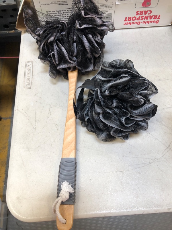 Photo 1 of AmazerBath Shower Sponge Loofah Back Scrubber, PE Soft Mesh Loofah Body Scrubber with Long Wooden Handle, Bath Sponge for Men Women (Black)