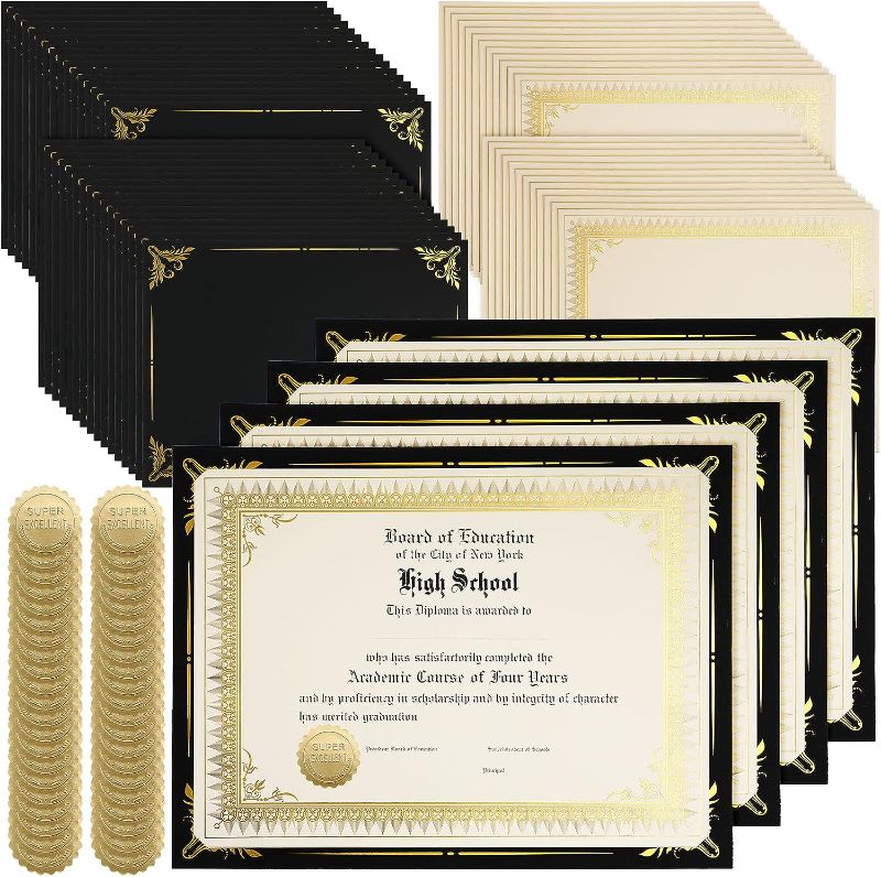 Photo 1 of 100 Sets Certificate Paper Kit Single Sided Award Certificate Holder with Gold Foil Border for 8.5 x11 Certificate Covers Gold Foil Award Seals Stickers Diploma Covers Graduation Supplies (Black)
