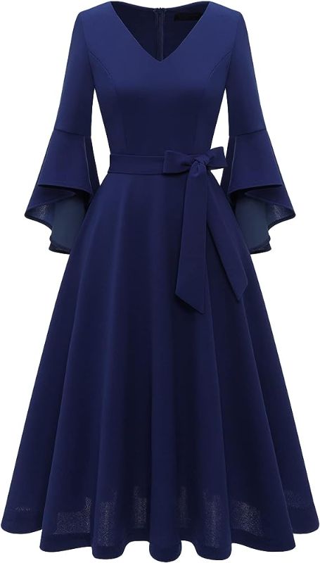 Photo 1 of Bridesmay Women's Vintage Cocktail Dress for Wedding Guest 3/4 Bell Sleeve V-Neck Tea Dress with Detachable Belt
