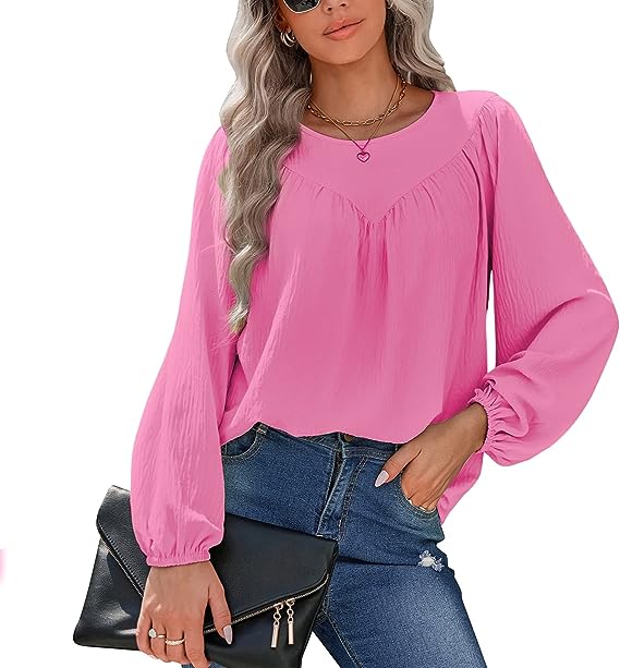 Photo 1 of HOTYD Womens Long Sleeve Tops Ladies Spring Summer Crewneck Chiffon Solid Shirts and Blouses for Women Casual Loose Shirts Pink Small
