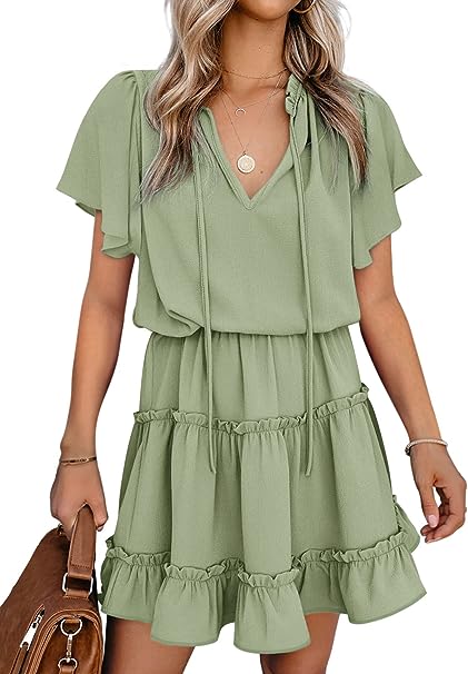 Photo 1 of Happy Sailed Womens V Neck Ruffled Layered Chiffon Dress Self Tie Swing Mini Dresses - SIZE L
