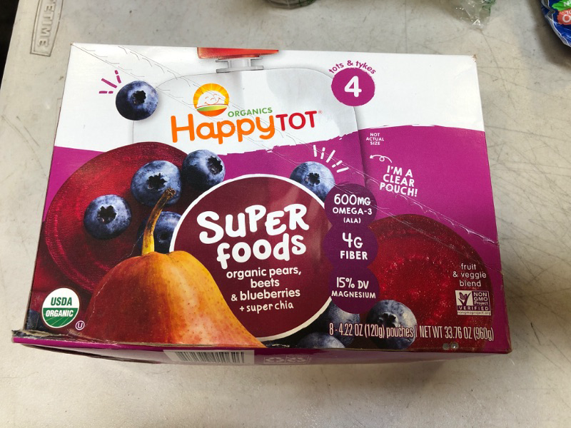 Photo 2 of (8 Pouches) Happy Tot Superfoods, Stage 4, Organic Toddler Food, Pears, Blueberries & Beets + Super Chia, 4.22 oz