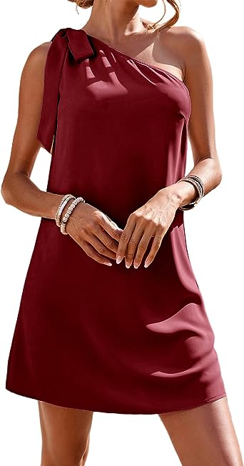 Photo 1 of Fesier One Shoulder Dresses for Women Sexy Sleeveless Silk Knot Shift Mini Dress Casual Solid Color Cocktail Party Dress
2xl