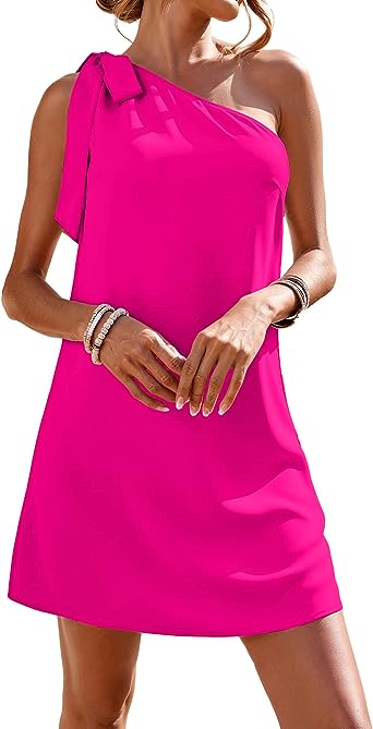 Photo 2 of Fesier One Shoulder Dresses for Women Sexy Sleeveless Silk Knot Shift Mini Dress Casual Solid Color Cocktail Party Dress
xl