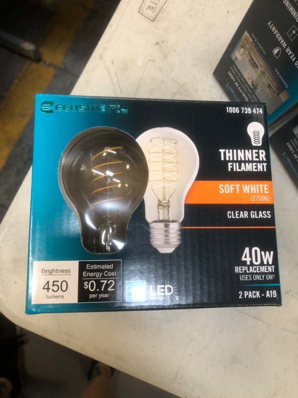 Photo 2 of 40-Watt Equivalent A19 ENERGY STAR and CEC Dimmable Fine Bendy Filament LED Light Bulb Soft White (2-Pack)