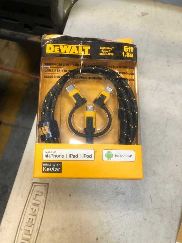 Photo 1 of DEWALT Reinforced 3-in-1 Combo Cable — Multi-Charging Cable — Lightning, Type C, Micro-USB Adapter Cable — Android and Apple Compatible Charging Cable — 3 Way Phone Charger Cable — 6ft 6-Foot