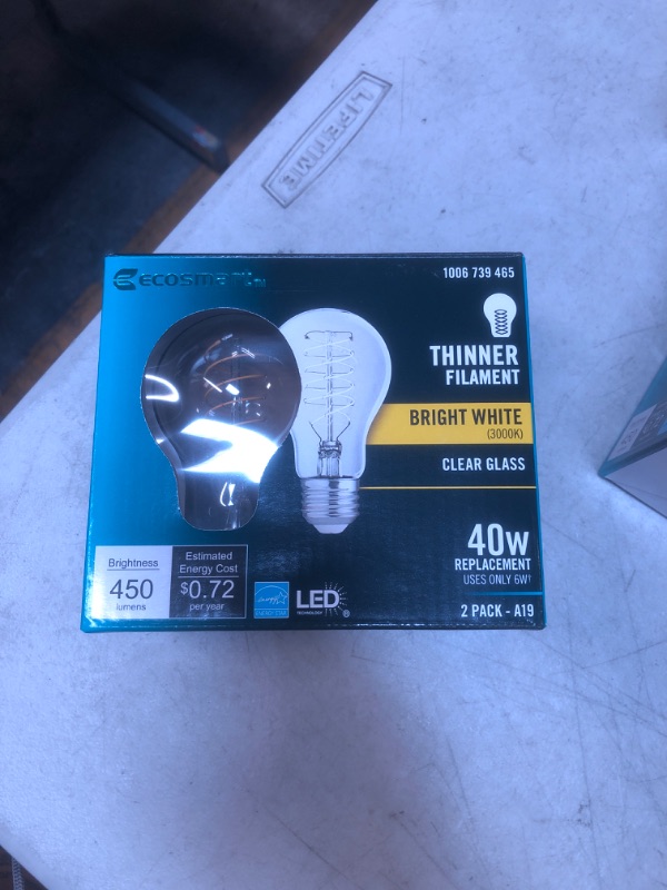 Photo 2 of EcoSmart 40-Watt Equivalent A19 ENERGY STAR and CEC Dimmable Fine Bendy Filament LED Light Bulb Bright White (2-Pack)
