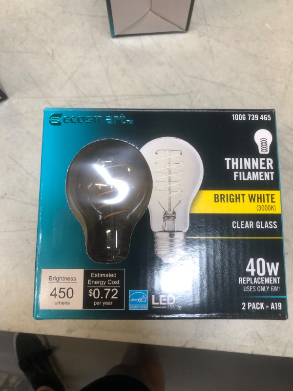 Photo 1 of EcoSmart 40-Watt Equivalent A19 ENERGY STAR and CEC Dimmable Fine Bendy Filament LED Light Bulb Bright White (2-Pack)
