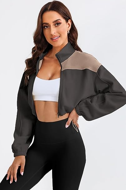 Photo 1 of Herseas Women Crop Workout Jacket Color Block Long Sleeve Fleece Winter Coat - size M `