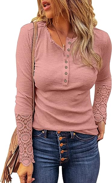 Photo 1 of EVALESS Womens Casual V Neck Lace Crochet Long Sleeve Tunic Tops Ribbed Knit Button Down Henley Shirts Blouse - SIZE 2XL 