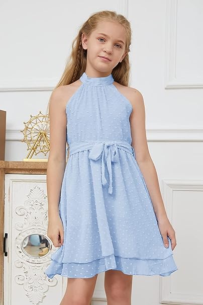 Photo 1 of HOSIKA Girls Sundress Summer Halter Neck Sleeveless Boho Casual Ruffle Party Dress with Belt 