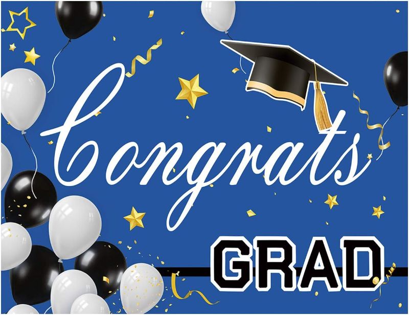 Photo 1 of AIIKES 7X5FT Graduation Ceremony Backdrop Photography Blue Background Black and White Balloons 2023 Congratulations Graduation Party Decoration Portrait Banner Banner Cake Table Decoration 12-033
