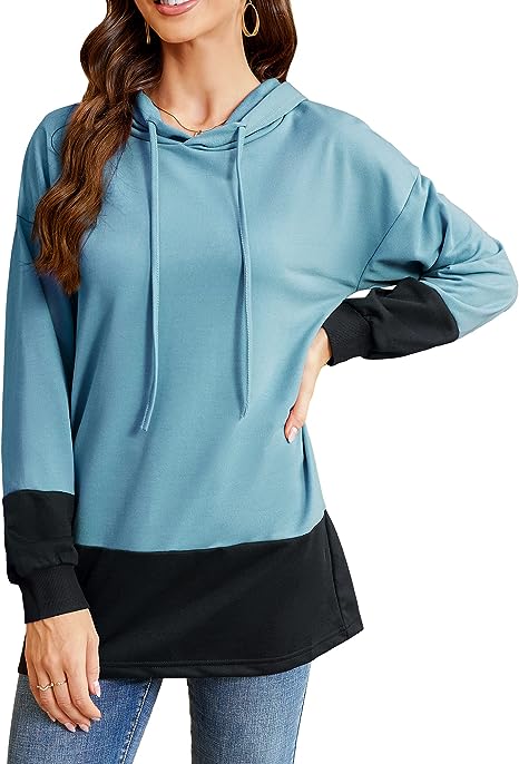 Photo 1 of KOJOOIN Women's Drawstring Color Block Hoodie Tops Long sleeves Casual Loose Tunic Pullover Lightweight Sweatshirts
